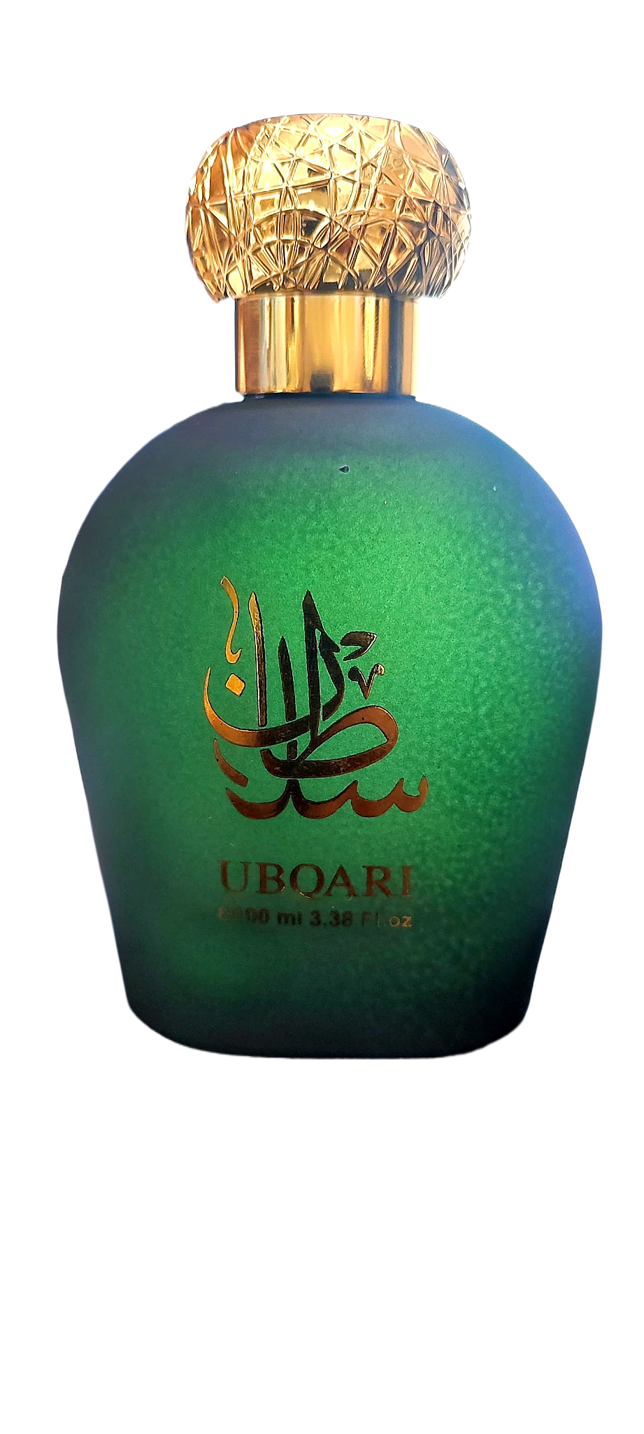 Ubqari Sultan Perfume bottle and box – green and gold Islamic design with luxury packaging, 100ml alcohol-free fragrance.