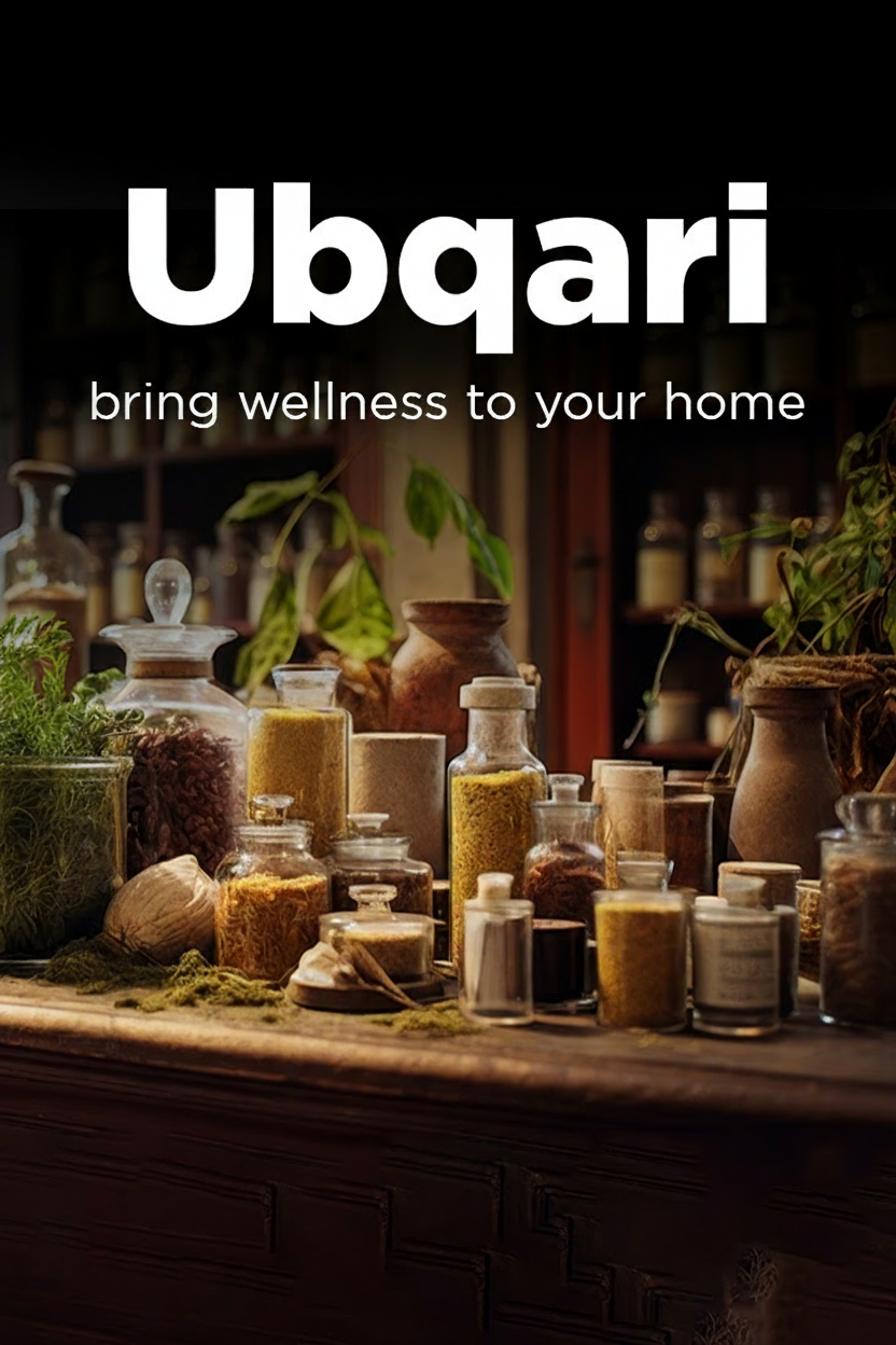 Ubqari brand advertisement with jars and plants on a wooden surface.