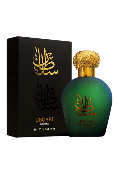 Ubqari Sultan Perfume bottle and box – green and gold Islamic design with luxury packaging, 100ml alcohol-free fragrance.