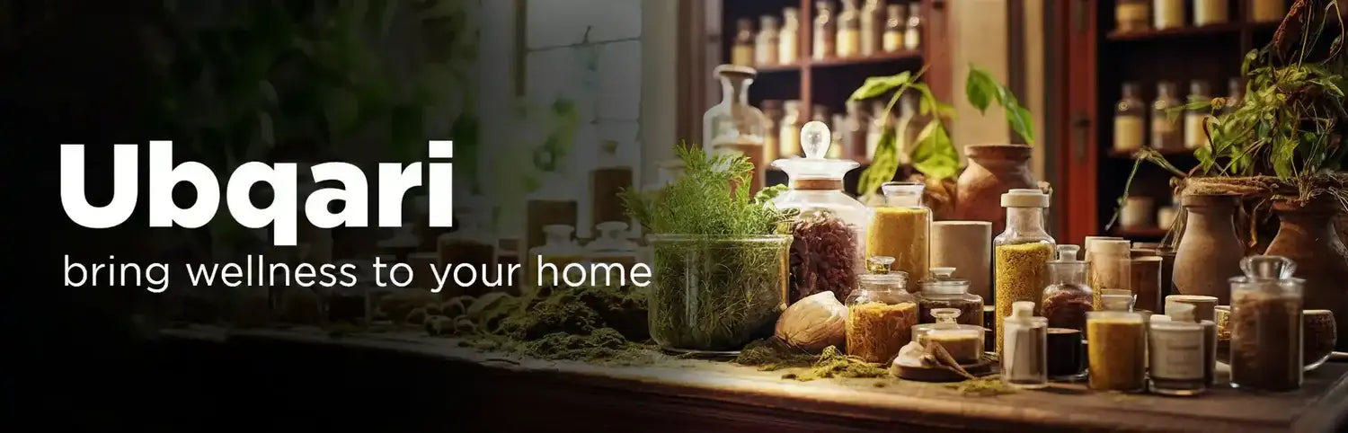 Display of various jars and plants with Ubqari branding in a store setting.